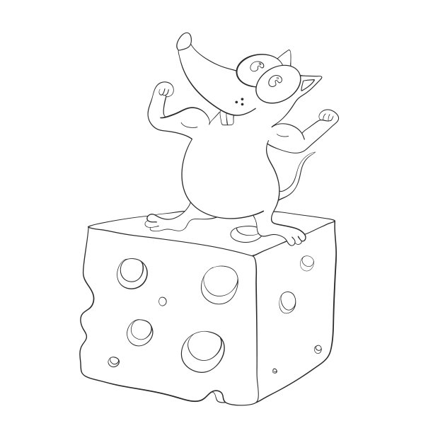 可爱的老鼠和一片奶酪在线的风格。食物。牛奶产品。彩色的书。矢量图图片下载