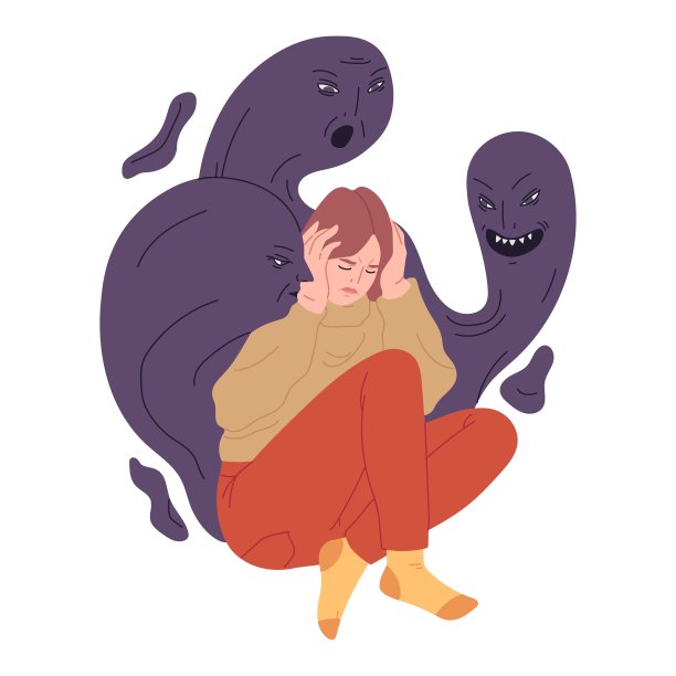受惊的女士在恐惧中蜷缩成一团，黑暗的幽灵在她周围飞舞，在她耳边低语。精神分裂症的一个症状:声音。一种精神障碍。平的卡通图片。图片下载