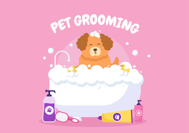 宠物美容的狗和猫在平面卡通手绘背景插图。用于美容院海报或横幅的主要工具图片下载