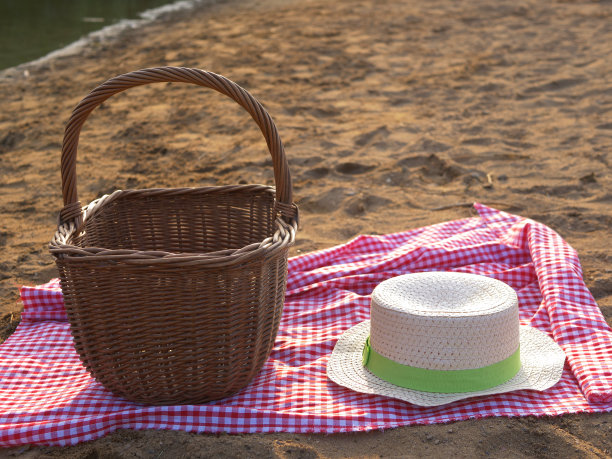沙滩上的红格子布上放着野餐篮和草帽图片下载