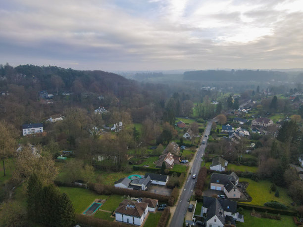 鸟瞰图，房屋被森林包围，比利时瓦隆的乡村地区图片下载