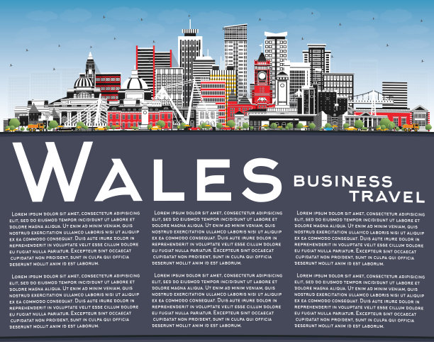 威尔士城市的天际线与灰色的建筑，蓝天和复制空间。图片下载