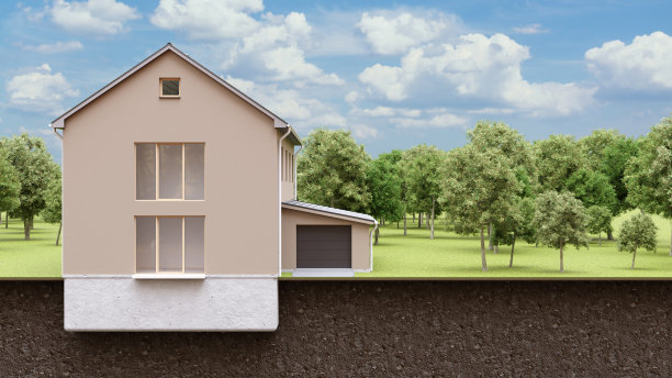 3d地球切片的房子，空房子，带车库的建筑，绿树和蓝天背景下的孤屋。图片下载