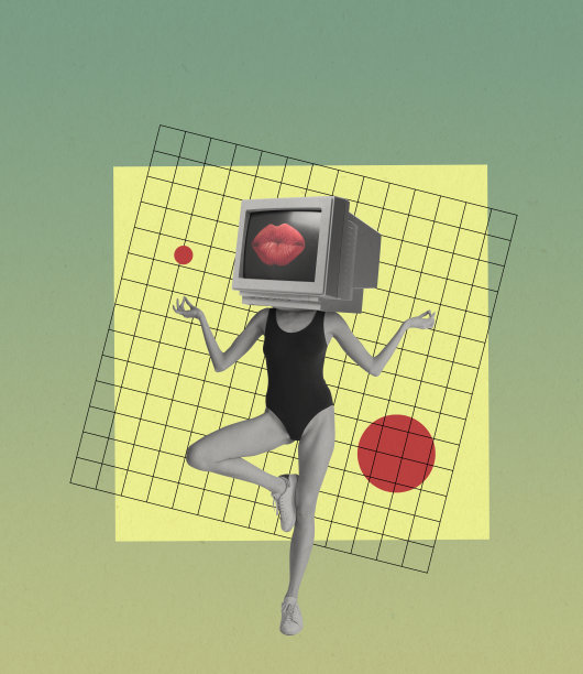 当代艺术品。年轻苗条的女孩穿着泳装与复古电脑，pc代替头跳舞孤立在灯光背景。80年代,90年代的风格。超现实主义图片下载