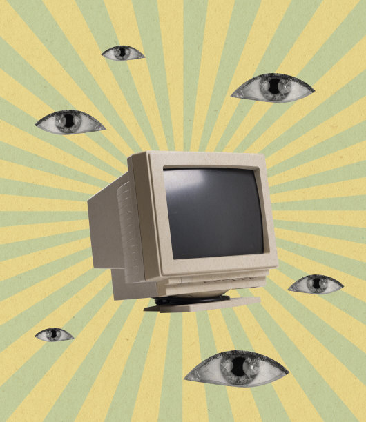 当代艺术拼贴。老式的，复古的电脑，PC隔离在背景与人眼。80年代,90年代的风格图片下载