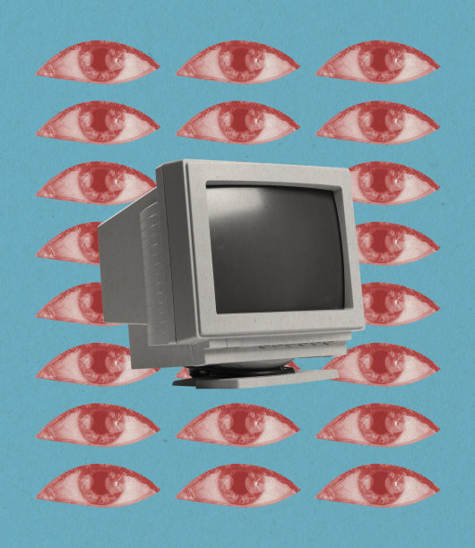 当代艺术拼贴。老式的，复古的电脑，PC隔离在背景与人眼。80年代,90年代的风格图片下载