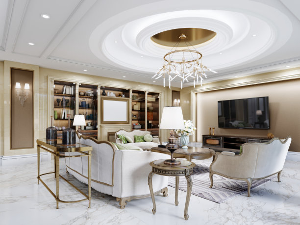 客厅与座位区和电视区在米色现代古典风格与电视壁龛和漆木衣柜的抽屉。图片下载