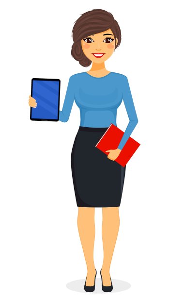 小女孩手里拿着一本书，展示了写字板。概念，一个年轻的女商人。商业和金融。的性格。平坦的风格在一个白色的背景。卡通图片下载