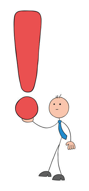 持有感叹号的Stickman商人，手绘卡通矢量插图。图片下载