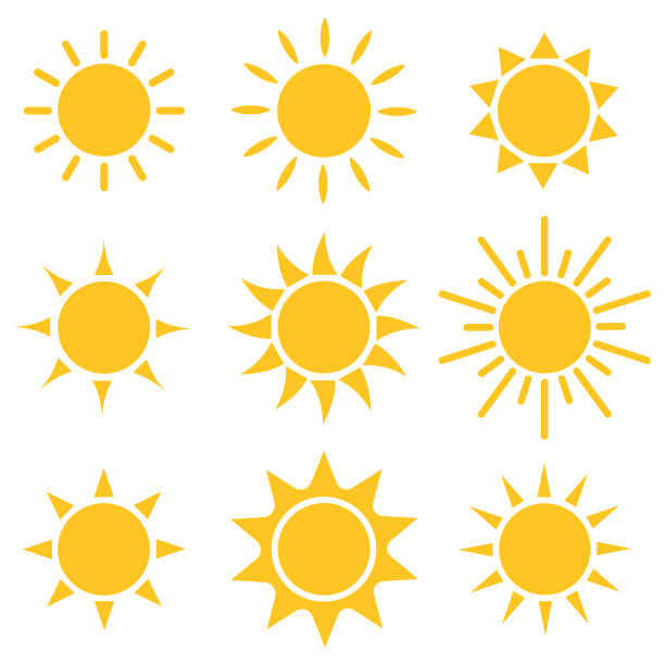 太阳图标向量集。太阳图标集合。夏天的象征。图片下载