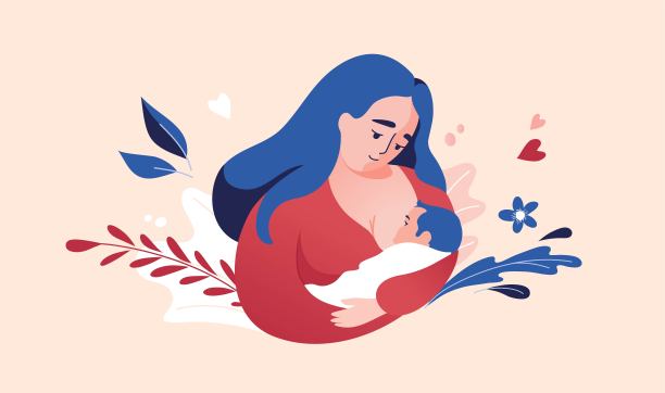 快乐微笑的年轻母亲用母乳喂养她的孩子。图片下载