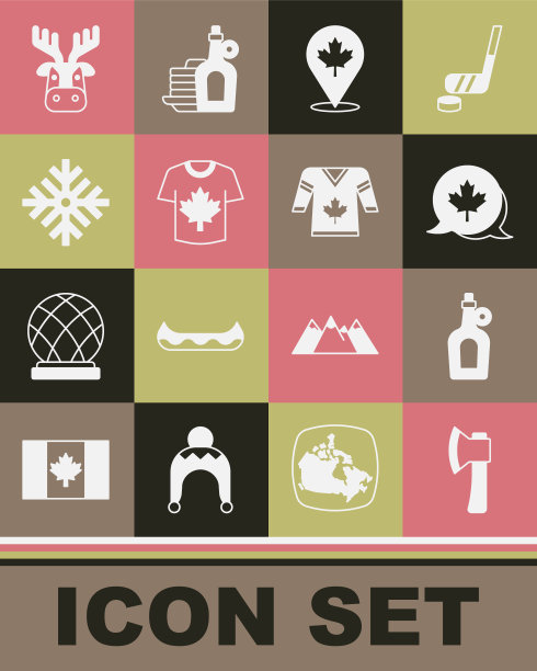 设置木斧头，瓶子枫糖浆，加拿大叶子，曲棍球运动衫，雪花，鹿头与鹿角和图标。向量图片下载