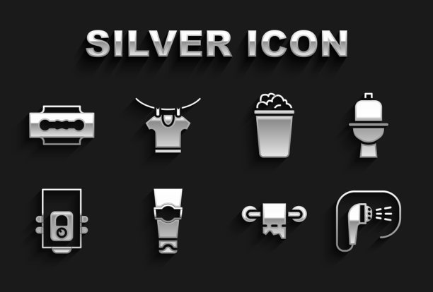 设置管牙膏，抽水马桶，淋浴，纸卷，燃气锅炉，桶肥皂泡沫，刀片剃须刀和烘干衣服图标。向量图片下载