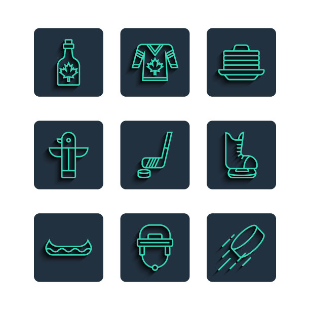 设置线皮艇，曲棍球头盔，冰球，煎饼的堆栈，冰球棍和，加拿大图腾柱，瓶子枫糖浆和溜冰鞋图标。向量图片下载