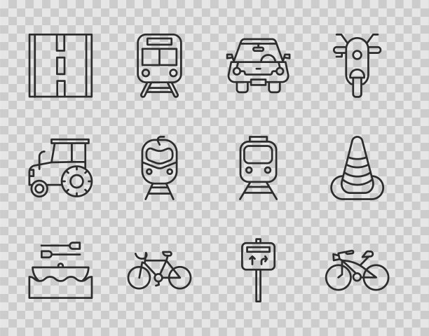 设置有划桨船、自行车、汽车、公路、火车和铁路、交通指示牌和交通锥标。向量图片下载