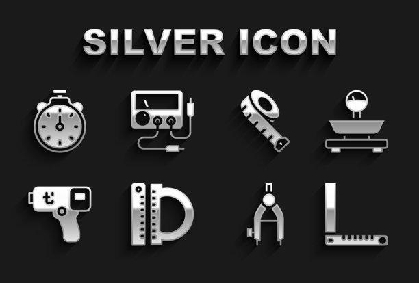 设置量角器和直尺，天平，角，绘图指南针，数字温度计，卷尺，秒表和万用表，电压表图标。向量图片下载