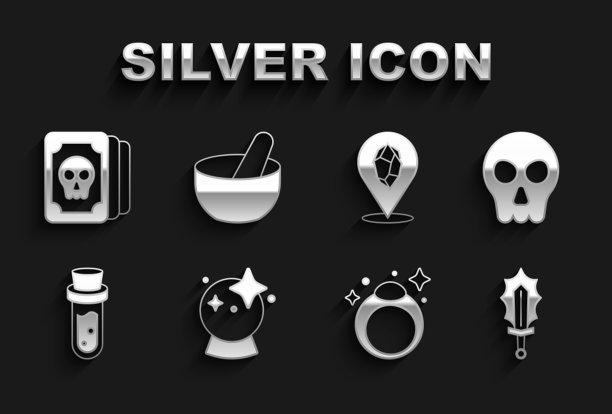 设置魔法球，头骨，剑在火，石戒指，瓶子药水，塔罗牌和女巫坩埚图标。向量图片下载