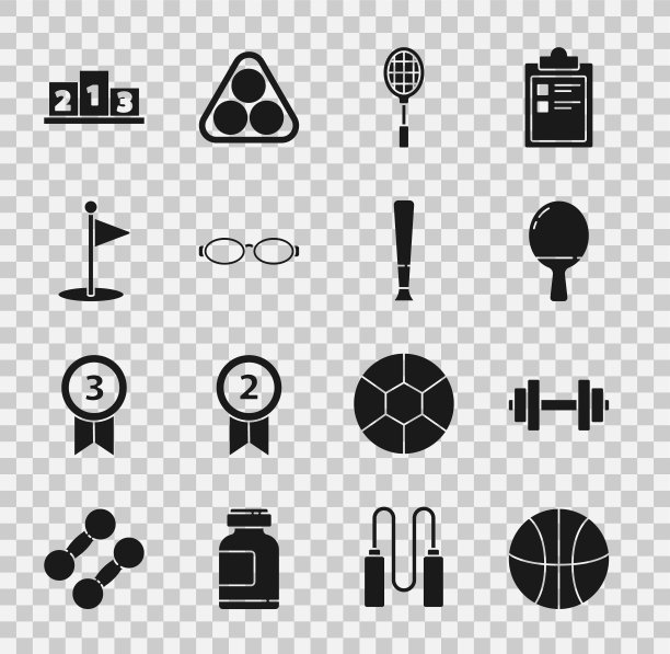 设置篮球，哑铃，乒乓球拍，网球拍，游泳眼镜，高尔夫旗，奖品在体育冠军领奖台和棒球拍图标。向量图片下载
