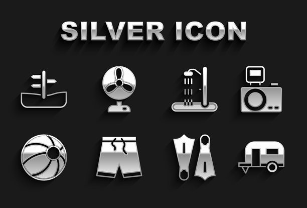 泳裤、带闪光灯相机、房车露营拖车、游泳用橡胶脚蹼、沙滩球、淋浴、道路交通标志、电风扇图标。向量图片下载