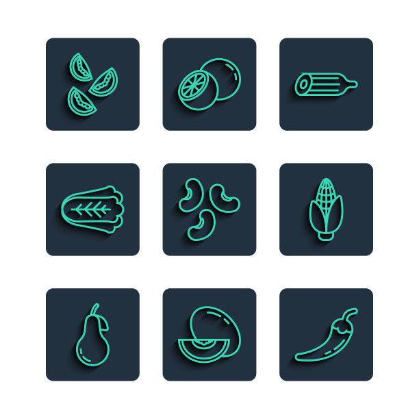 设置线梨，瓜果，热辣椒辣椒荚，新鲜黄瓜，豆类，卷心菜，番茄和玉米图标。向量图片下载