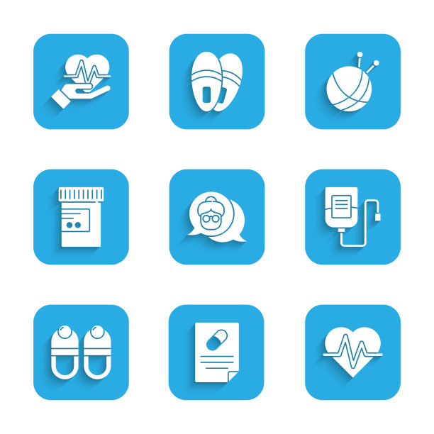 设置奶奶，医生处方，心率，静脉袋，拖鞋，药瓶药丸，纱线球与编织针和图标。向量图片下载