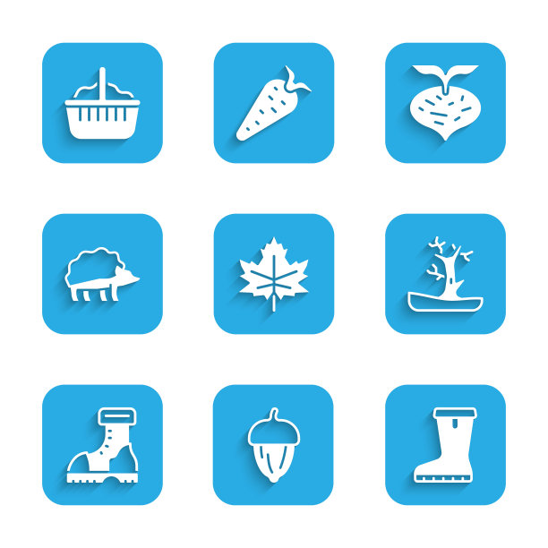 设置叶子或叶子，橡果，防水橡胶靴，裸树，刺猬，甜菜和篮子图标。向量图片下载