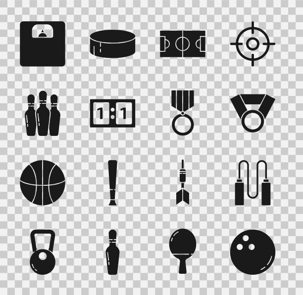 设置保龄球，跳绳，奖牌，足球或足球场，运动机械记分牌，别针，浴室秤和图标。向量图片下载