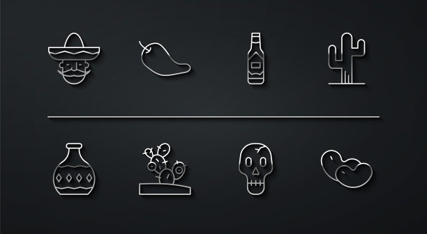 设置线墨西哥人墨西哥帽，龙舌兰瓶，仙人掌，头骨，辣椒豆荚，豆类和塔巴斯科辣椒酱图标。向量图片下载