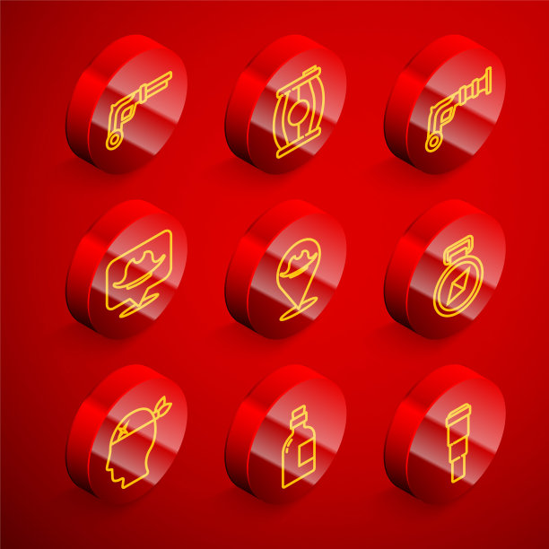 设置线古董手枪，枪火药桶，位置海盗，指南针，海盗船长和酒精饮料朗姆酒图标。向量图片下载