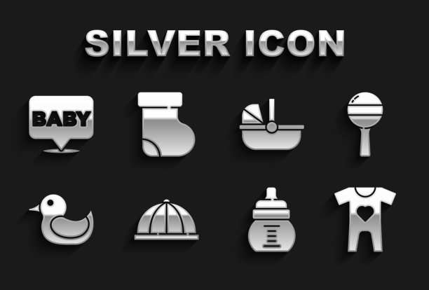 设置婴儿帽，拨浪鼓婴儿玩具，衣服，瓶子，橡皮鸭，婴儿车，袜子图标。向量图片下载