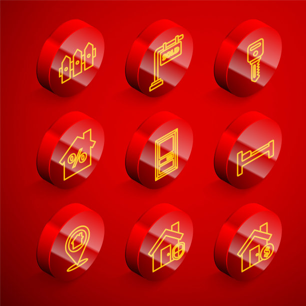 设置线花园栅栏木，悬挂标志出售，房子钥匙，百分之一折扣，关闭门，床，位置房子和保护图标。向量图片下载