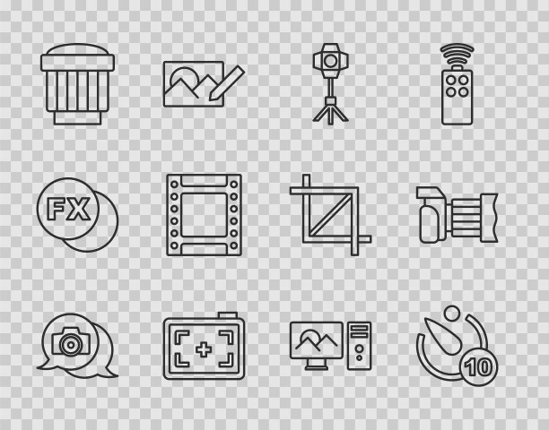 设置线照片相机，相机定时器，软盒灯，照片镜头，卷筒，修饰和图标。向量图片下载