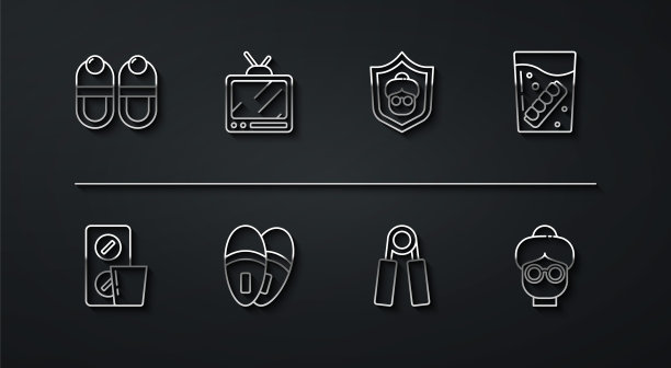 设置线拖鞋，药丸在吸塑包装，假下巴玻璃，运动扩展，复古电视，祖母和图标。向量图片下载