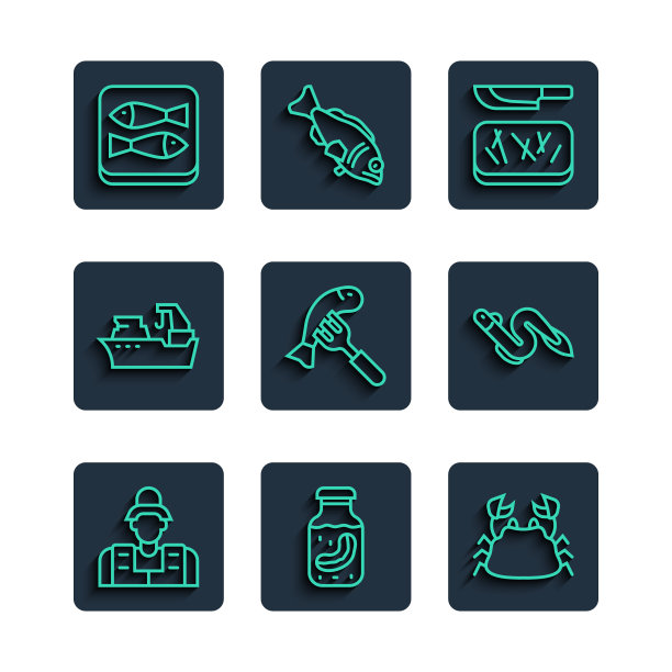 集渔人、坛子海参、螃蟹、菜板、刀、盘鱼、渔船、罐头、鳗鱼图标于一体。向量图片下载