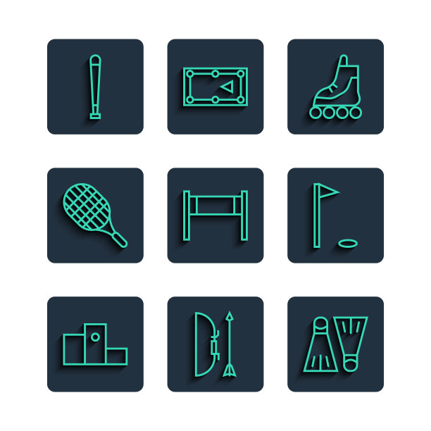 在运动冠军领奖台，弓箭箭袋，游泳橡胶脚蹼，轮滑，排球网，网球拍，棒球棒和高尔夫旗图标设置线奖。向量图片下载