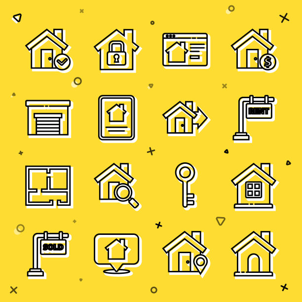 设置线房子，悬挂标志与租金，网上房地产房子，车库，检查标记和销售图标。向量图片下载