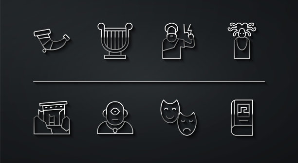 狩猎号角，古代遗迹，美杜莎蛇发女怪，喜剧和悲剧面具，独眼巨人，竖琴，希腊历史书和宙斯的图标。向量图片下载