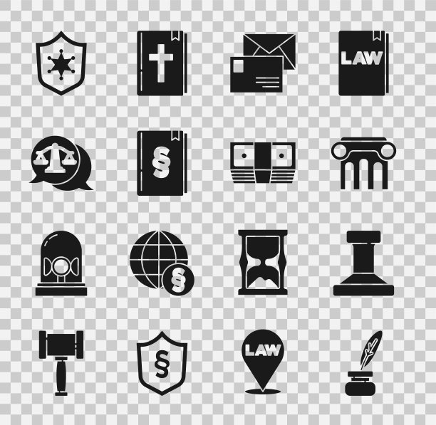 羽毛笔和墨水、印章、法律支柱、信封、书籍、天平、警察徽章和贿赂金钱图标矢量素材图片下载