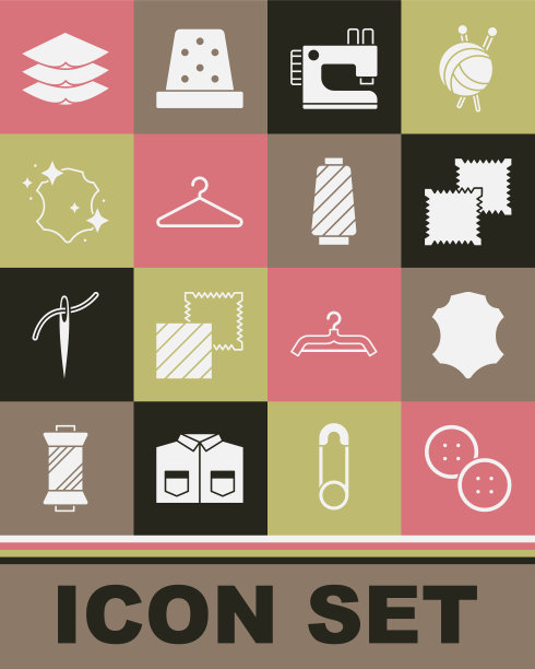 设置缝纫按钮，皮革，纺织织物卷，机器，衣架衣柜，层服装纺织品和线轴图标。向量图片下载