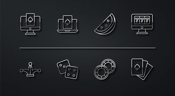 在线扑克桌游戏，小丑打牌，老虎机与头奖，赌场筹码，游戏骰子，牌和西瓜图标。向量图片下载