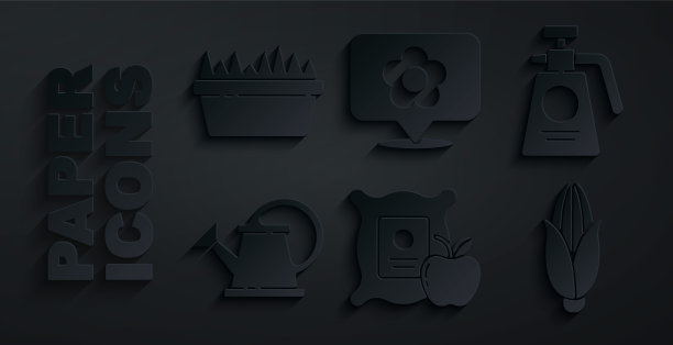 设置苹果在麻袋，花园喷雾器肥料，浇水罐，玉米，位置与花和新鲜草矩形图标。向量图片下载