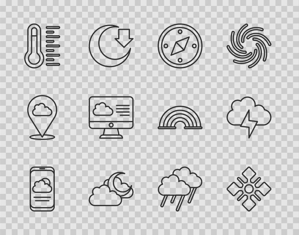 设置线天气预报，雪花，指南针，云与月亮，气象温度计，雨和风暴图标。向量图片下载