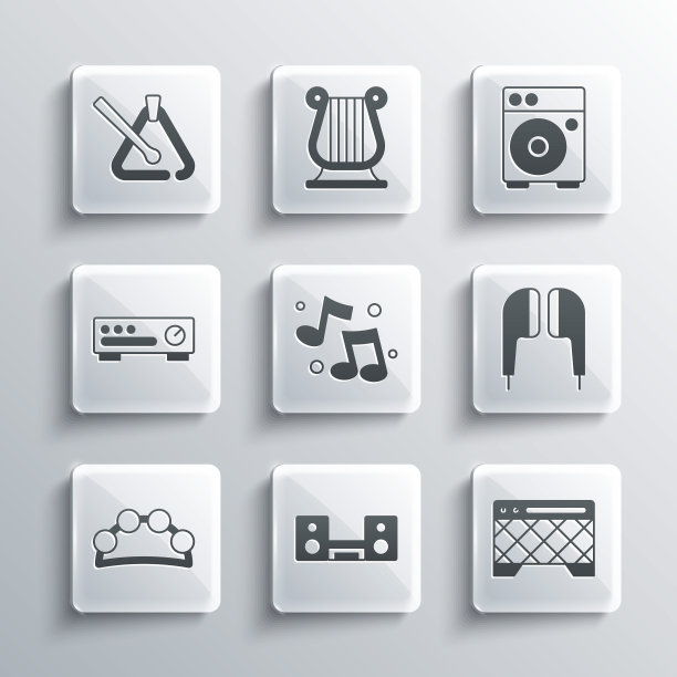 设置家庭立体声与两个扬声器，吉他放大器，空气耳机，音乐笔记，音调，铃鼓，声音混音控制器，三角形乐器和图标。向量图片下载