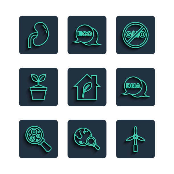 设置微生物放大镜、地球仪放大镜、风力发电机、非转基因、环保房屋、植物盆栽、人体肾脏、DNA符号图标。向量图片下载