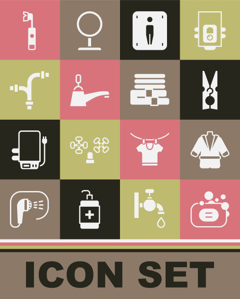 设置肥皂条，浴袍，衣夹，男厕所，水龙头，工业金属管，电动牙刷和毛巾堆图标。向量图片下载