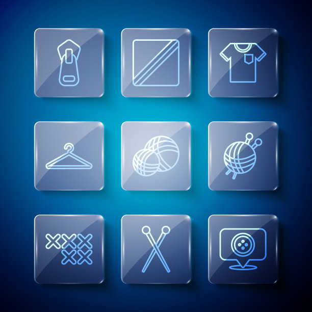 可调刺绣环，针织针，定位裁缝店，t恤，纱线球，衣架衣柜，拉链和针织图标。向量图片下载