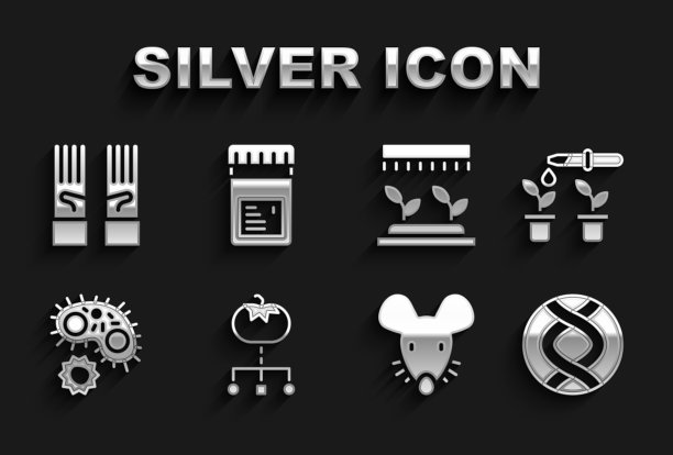 设置转基因食品，移液管和植物，DNA符号，实验老鼠，病毒，自动灌溉洒水器，医用橡胶手套和添加剂罐子图标。向量图片下载