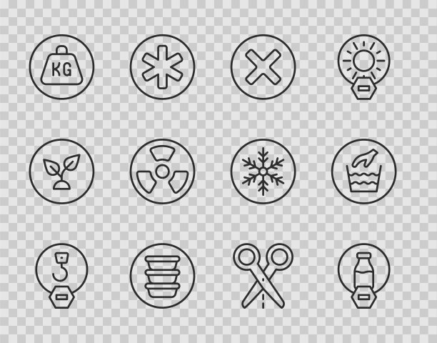 设定线工业钩，乳糖，X标记，十字圈，碗，重量，放射性，剪线剪刀和手洗洗衣图标。向量图片下载
