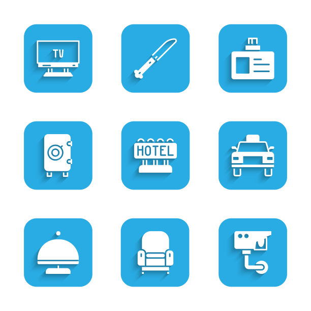 设置标志与文本酒店，扶手椅，安全摄像头，出租车，有盖托盘，保险箱，识别徽章和智能电视图标。向量图片下载