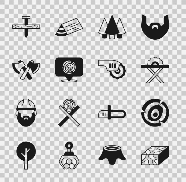 木横梁，原木，电锯，圣诞树，斧头，金属钉子和图标。向量图片下载